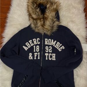 Abercrombie & Fitch Dark Blue Jacket with Faux Fur Hood